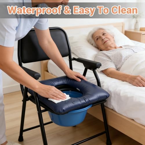 Bedside Commode Cushion, Washable Toilet Seat Cushion for Seniors, Padded PU Cover with Fixing Straps for Commode Chair 16.5" X 16.5", Portable Soft Toilet Seat Cushion for Elderly Adults (Blue)