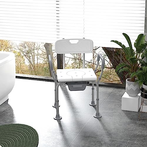 HOMCOM 3-in-1 Shower Chair, Height Adjustable Bedside Commode with Back and Arms, Raised Toilet Seat with Non-Slip Rubber Foot Pad for Seniors, Disabled, White