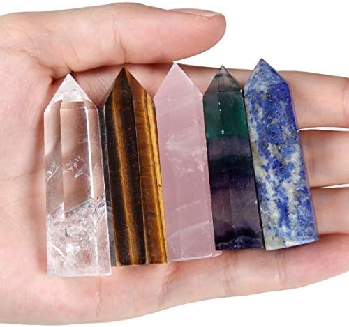 Nupuyai 5pcs Stone Wands for Healing, Rose Quartz Tiger's Eye Stone Fluorite Rock Quartz Lapis Lazuli Natural Crystal Points 1.8-2.1"