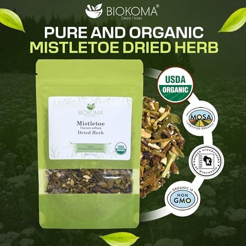 Biokoma Organic Mistletoe Dried Herb 100g (3.55oz) In Resealable Moisture Proof Pouch, USDA Certified Organic - Herbal Tea, No Additives, No Preservatives, No GMO, Kosher