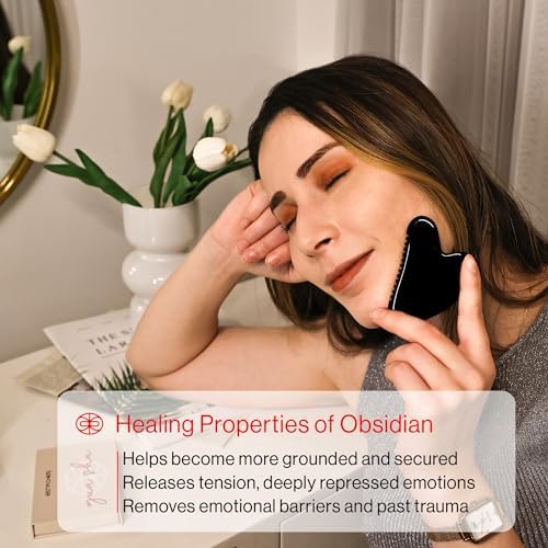 Rena Chris Gua Sha Facial Tools, Obsidian Guasha Tool for Acupuncture, Manual Massage Tool for Jawline Sculpting and Puffiness Reducing, Gua Sha Facial Massage Tool, Skin-Care Gift (Black)