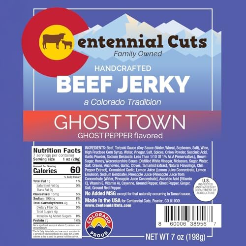 Centennial Cuts Beef Jerky – Ghost Town Ghost Pepper – High Protein, Bold Ghost Pepper Heat – 7 oz Snack