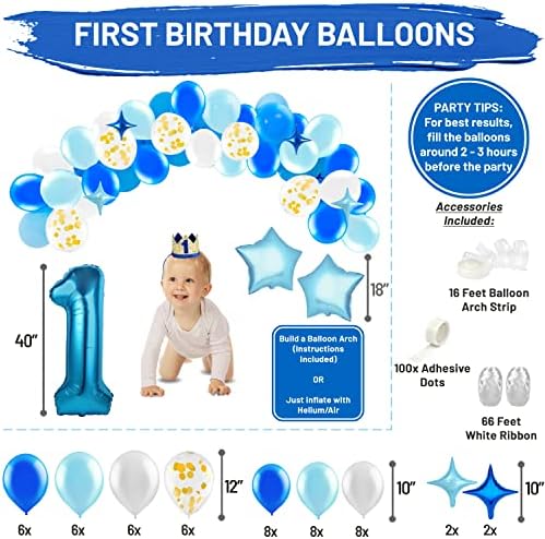 Baby Boy 1st Birthday Decorations With Birthday Crown - First Birthday Boy Decorations - Cake Smash Party Supplies - Happy Birthday and HighChair One Burlap Banner, Number One Balloon, Cake Topper.