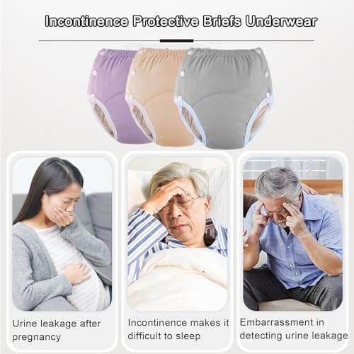 Cotton Incontinence Pants for Adults,Waterproof Leakproof Panties Adjustable Reusable Incontinence Underwears with Snaps Adult Cloth Diapers for Incontinence,Elderly and Disabled(3 Pack,Medium)