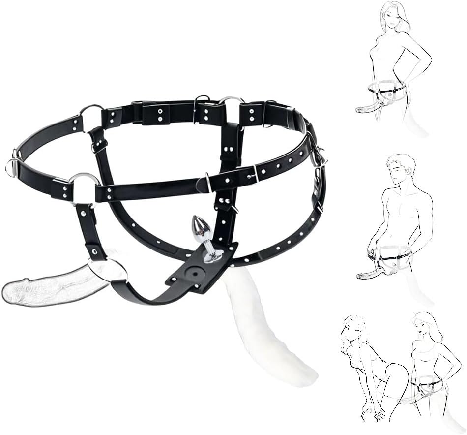 BDSM Strapon Dildo Harness with Butt Plug – Double Penetration Adjustable Black Leather Dildo Belt for Couples – Fetish Strap Toy for Dominance & Submission Play (32"+Waist)