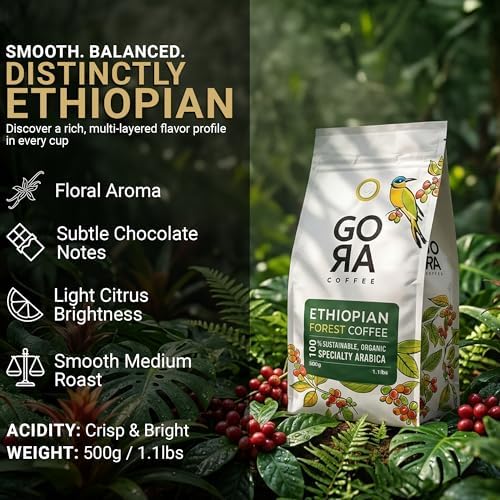 GoRa Organic Ethiopian Coffee Beans – Medium Roast Whole Bean, Single Origin 100% Arabica, Smooth Fruity & Floral Notes, Forest-Grown Specialty Coffee – 250g (8.8oz)