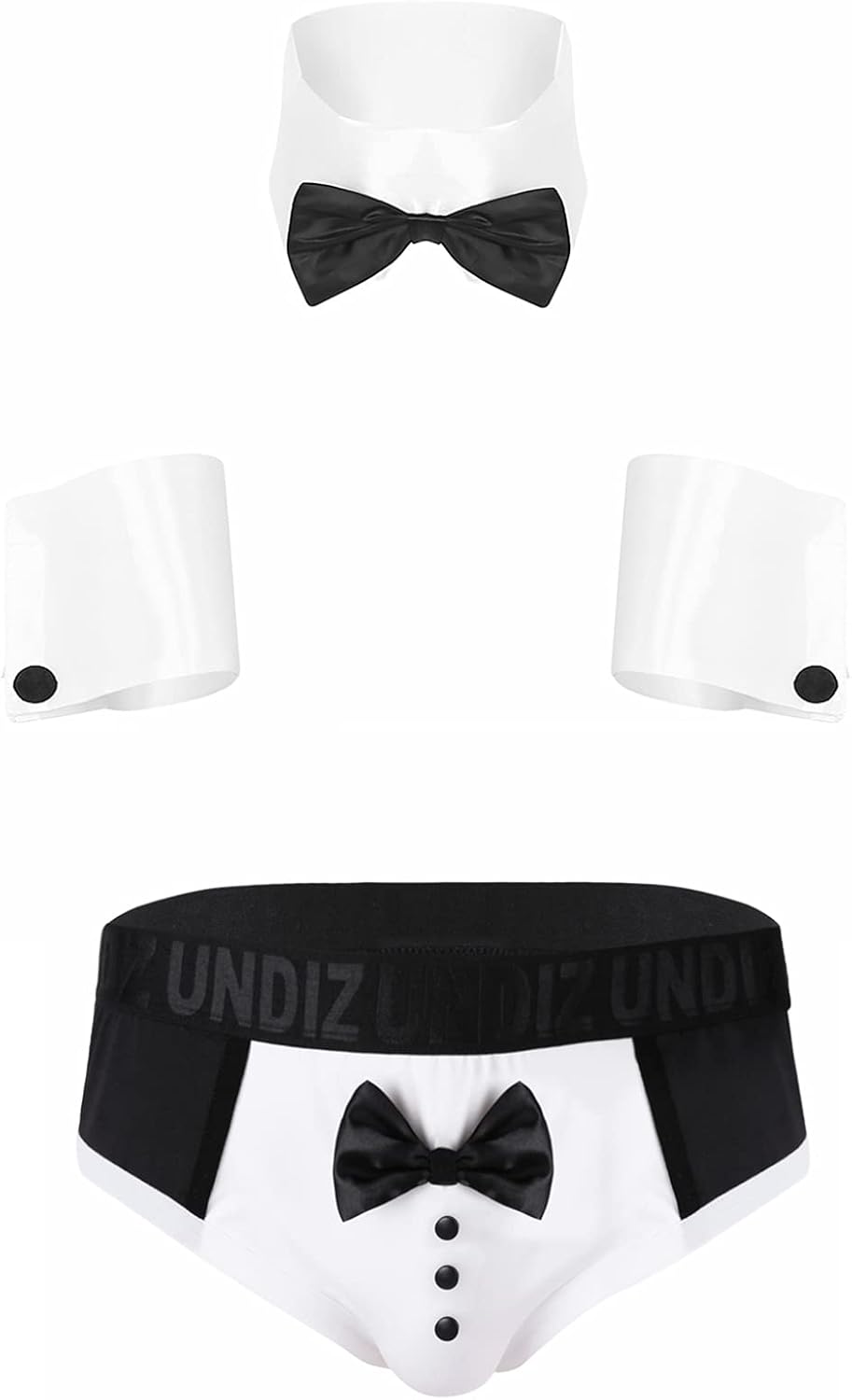 ACSUSS 3Pcs Set Mens Waiter Cosplay Suit Sexy Tuxedo G-String Thong Underwear with Bow Tie Collar Bracelets