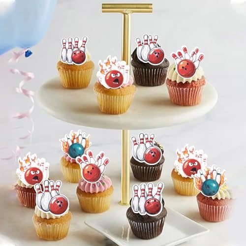 60 Pack Edible Bowing Cupcake Toppers Sports Theme Bowling Cupcake Picks Cupcake Picks Decoration for Sports Theme Baby Shower Kids Birthday Party Cake Decorations Supplies