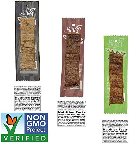Primal Spirit Vegan Jerky - Seitan Power Pack, 10 g. Plant Based Protein, Certified Non-GMO, No Preservatives ("The Classics" Teriyaki, Thai Peanut, and Mesquite Lime, 12-Pack, 1 oz)