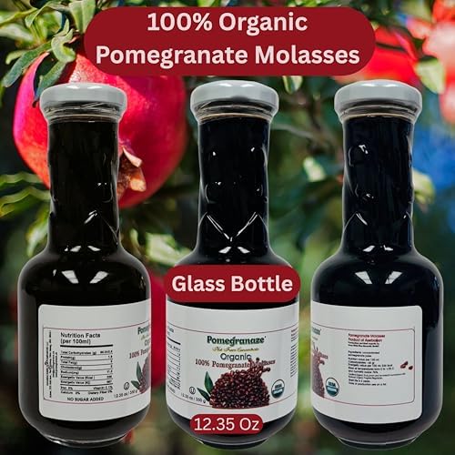 100% Organic Pomegranate Molasses 12.35 Oz Glass Bottle, No Sugar Added, Vegan, NON GMO, Gluten Free and Kosher