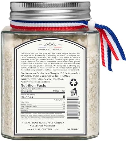 Le Saliculteur de Guerande, Sel Fin, 16oz Unrefined FINE Grey Sea Salt, French Organic Mineral Salt with Glass Jar, PGI-Certified