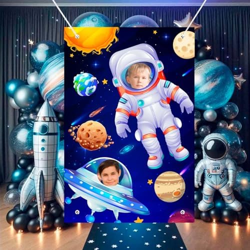 Outer Space Party Backdrop, 59.06''x39.37'' Astronaut Alien Face Cutout Background Rocket Galaxy Star Banner for Outer Space Birthday Party Decorations