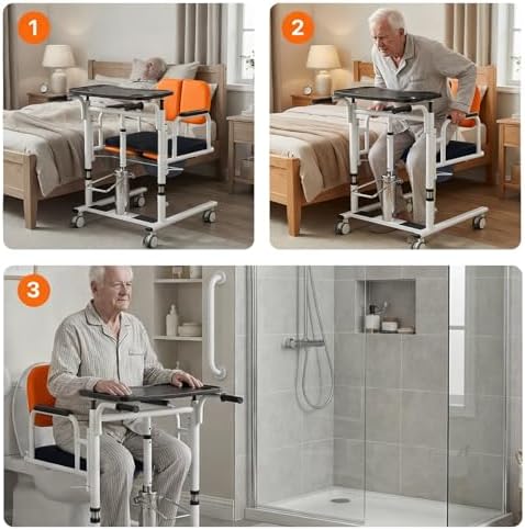 Patient Lift Transfer Chair for Home, 440lbs Capacity,Equipped with a Hydraulic Lift Bar, Commode, and Dining Table，4 in 1 Shower Chair with 180° Split Seat, for Elderly Transfer to Bed/Toilet