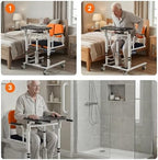 Patient Lift Transfer Chair for Home, 440lbs Capacity,Equipped with a Hydraulic Lift Bar, Commode, and Dining Table，4 in 1 Shower Chair with 180° Split Seat, for Elderly Transfer to Bed/Toilet