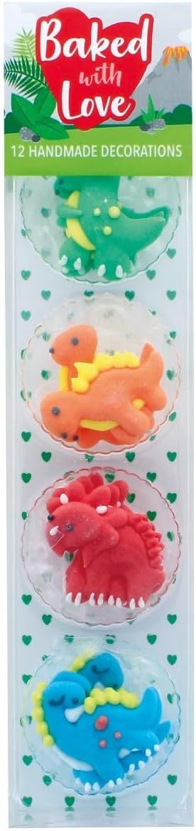 Baked with Love Dinosaur Cupcake Decorations, Bright and Colourful Handmade Edible Sugar Pipings For Cakes - Pack of 12 (0650132)