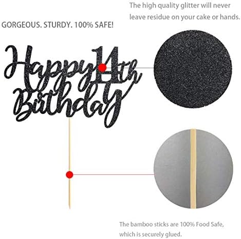 14 Black Glitter Happy 14th Birthday Cake Topper, Birthday Party Cake Topper Decorations, Supplies
