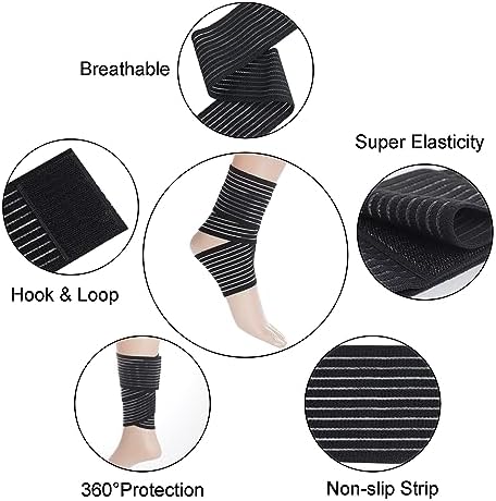 Rbenxia 4 Pieces of Black Elastic Ankle Compression Bandage Adjustable Ankle Strap Heel Brace Wraps Breathable Ankle Band for Stabilising Ligament, Joint Pain, Sport (70 cm)