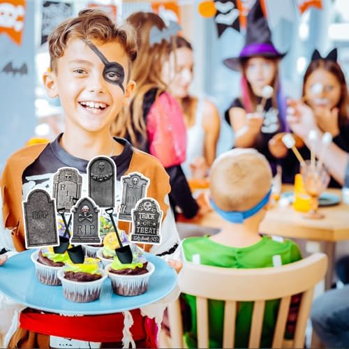 Halloween Cupcake Toppers, 48 PCS Tombstones Graveyard Cupcake Toppers with Mini Shovel Spoons for Halloween Party Decorations, Horror Birthday Decorations, Nightmare Before Christmas Cake Topper