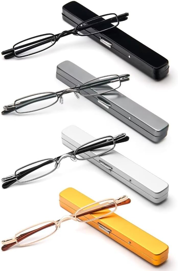 MMOWW Small Reading Glasses Men Women 4 Pairs Slim Pocket Readers with Pen Clip Metal Case Spring Hinge +2.0