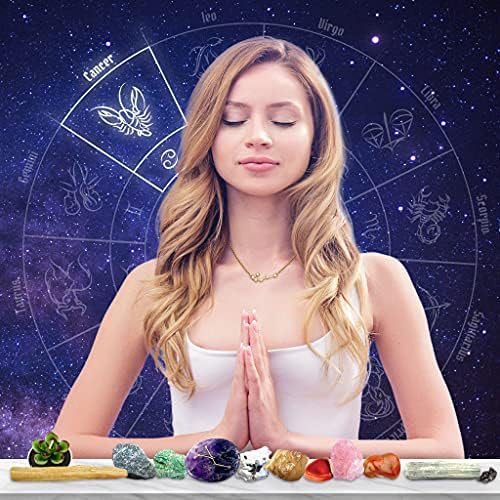DANCING BEAR Cancer Zodiac Healing Crystals Gift Set, (14 Pc): 9 Stones, 18K Gold-Plated Constellation Necklace, Meteorite, Succulent Candle, Palo Santo Smudge Stick, and Info Guide, Made in The USA