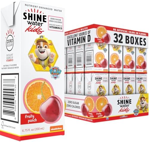 Shine Water x Paw Patrol Fruit Punch Kids Juice Boxes with Vitamin D 32-Pack | No Added Sugar | Naturally Flavored Drinks for Kids | Vegan, Gluten Free, Zero Calorie Hydration