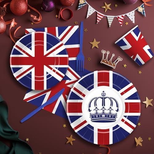 Britain UK England Flag Paper Plates And Napkins Set, Disposable British Flag Birthday Party Decorations Tableware, Plate, Napkin, Cup, Cutlery, Union Jack Party Decorations Favors | 24 Guest