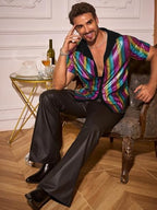 Runcati Mens Disco Shirt 70s Shirts Short Sleeve Button Down Vintage Sequin Metallic Disco Outfits Party Costume Top