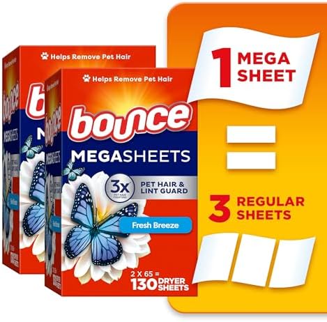 Bounce Mega Dryer Sheets, Fresh Breeze, 130 Count, Mega Fabric Softener Sheets with Static Control, Wrinkle Reduction, Extra Softness, Lasting Scent, Repels Lint