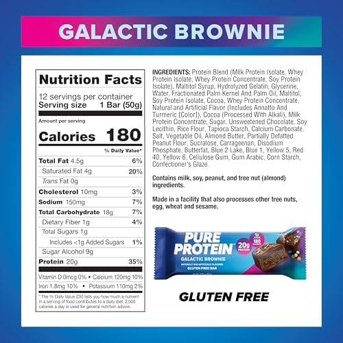 Pure Protein Galactic Brownie Protein Bars – 20g Protein, 3g Sugar, 190 Calories (12 count) Low Sugar* High Protein Snack - Gluten Free - Perfect for a Healthy Snack