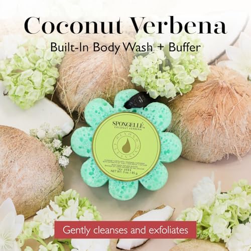 Spongellé Coconut Verbena Wild Flower Bath Sponge | Built-in Body Wash & Body Scrubber, Shower Loofah Sponge for Women | 14+ uses