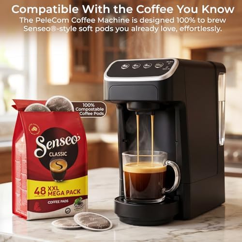 Coffee Machine – Compatible with Senseo Pods – Fast Brewing Single-Serve Coffee Maker with Rich Flavor Extraction, Crema Layer, Space-Saving Sleek Design, Barista-Quality Taste