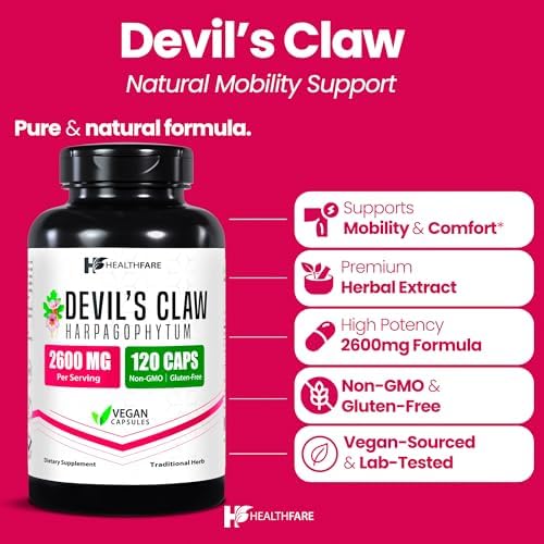 Healthfare Devils Claw Root | 2600mg Herbal Supplement | 120 Vegan Capsules | Concentrated Root Extract for Joint Support | Non-GMO, Gluten-Free | Made in USA