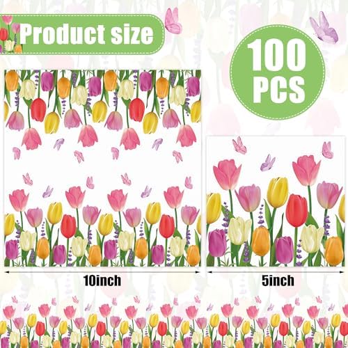 100 PCS Spring Tulip Cocktail Napkins Spring Floral Paper Party Napkin Disposable 3-Ply Watercolor Tulip Beverage Dessert Napkins for Bridal Shower Wedding Birthday Tea Party Supplies