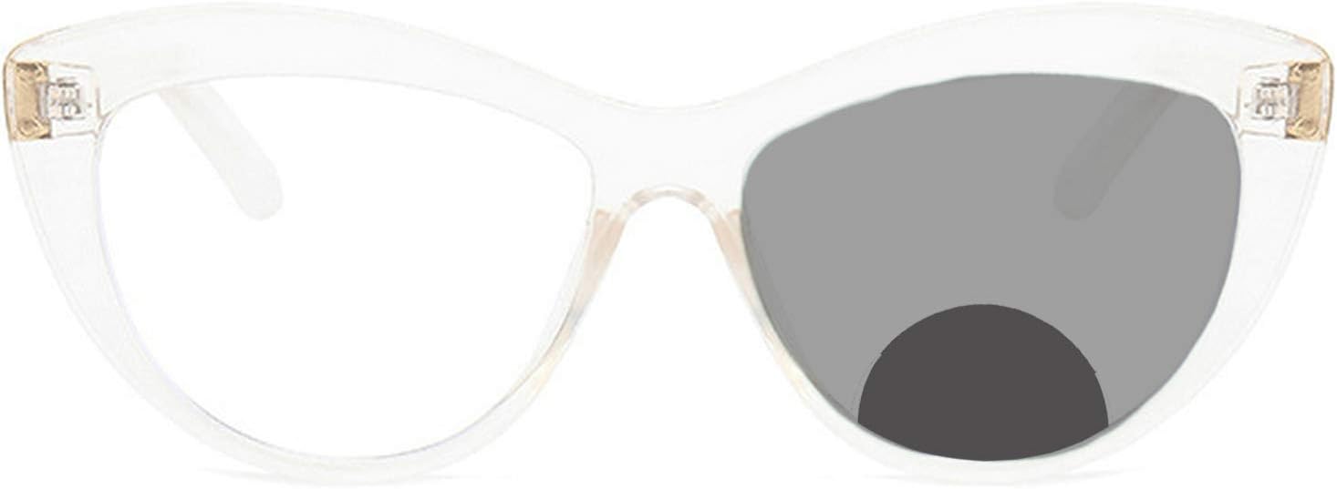 Bifocal Reading Glasses with Photochromic Gray Lens, Classic Cat Eye Frame with Spring Hinge, Bifocal Reader for Women/Men