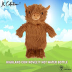 3D Novelty Hot Water Bottle with Removable Cover - Highland Cow Design - Soft Plush Cover - Premium Natural Rubber