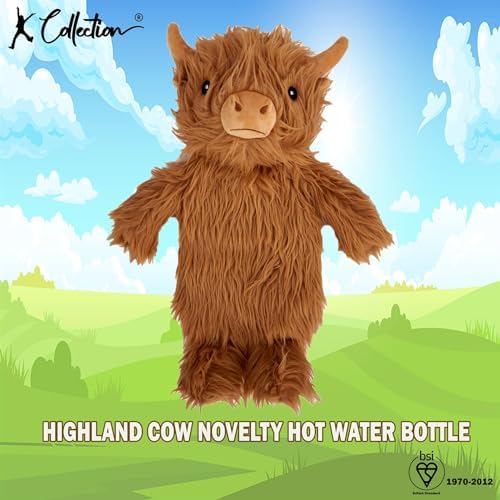 3D Novelty Hot Water Bottle with Removable Cover - Highland Cow Design - Soft Plush Cover - Premium Natural Rubber