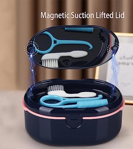 MURRI&MURRDI Retainer Case, Denture Bath Box with Strainer Basket, Mouth Guard Case, Braces Cleaner Cup, Cute Denture Holder Retainer Storage Soak Container for Travel (D Dark Blue)