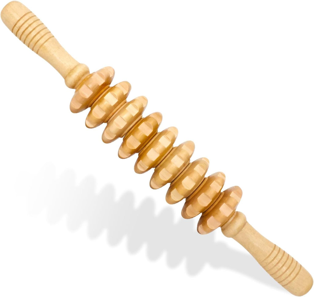 Wooden Fascia Massage Roller – Handheld Myofascial Release Massage Stick with Trigger-Point Knobs for Deep Tissue, Cellulite, Muscle Recovery & Circulation, Lymphatic Drainage Massager