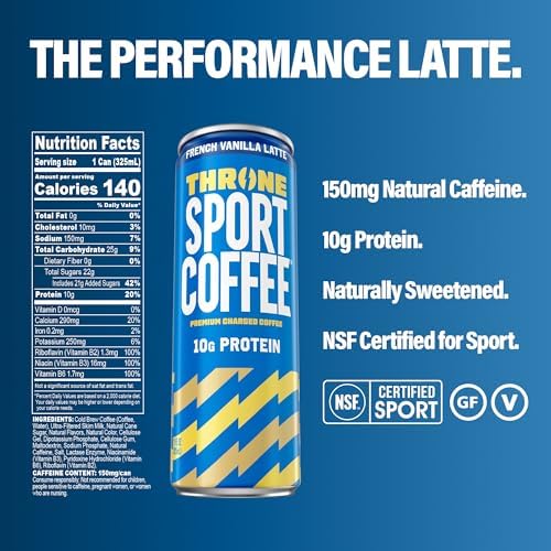 Throne Sport Coffee Latte – 10g protein - 150mg Natural Caffeine and B Vitamins – Lactose-Free, Premium Arabica, NSF Certified, Active Lifestyles – French Vanilla, 12 Pack