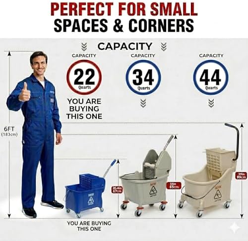 MATTHEW Cleaning Blue 22Quart Compact Mop Bucket INCL.2 Pcs Mop Head with Side Press Wringer On Wheels,Tandem Portable Floor Cleaning Wavebrake,Ideal for Household,Industrial,Restaurant,Janitorial Use