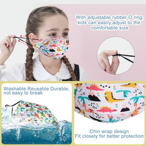 5pcs Kids Cotton Face Covering Set Reusable Washable Cute Pattern 3 Layers Adjustable Dust Cover for Boys Girls