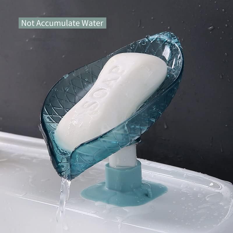 2 Pack Bar Soap Dish Self Draining Soap Holder with Drain for Shower Leaf Shape Soap Holder Sponge Container with Suction Cup for Bathroom Kitchen (Blue+ Gray)