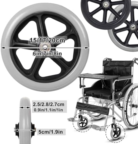 WORDFUN 2PCS Wheels Replacement for Wheelchairs, 6/7/8in Wheelchair Front Wheels, Wear-Resistant Non-Slip Durable Black Gray Solid Tire, for Wheelchairs, Rollators, Walkers