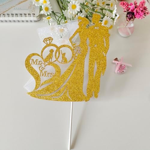 Mr and Mrs Wedding Cake Topper with Bride & Groom Dogs and Cats – Engagement Theme Sign for Bridal Shower Anniversary Wedding Party & Valentine's Day Decor