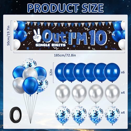 10th Birthday Banner Decorations for Boys and Girls Blue Out Single Digits I’m 10 Birthday Banner Sign with 14 Balloons Kids 10 Years Old Party Yard Sign Decor for Indoor Outdoor