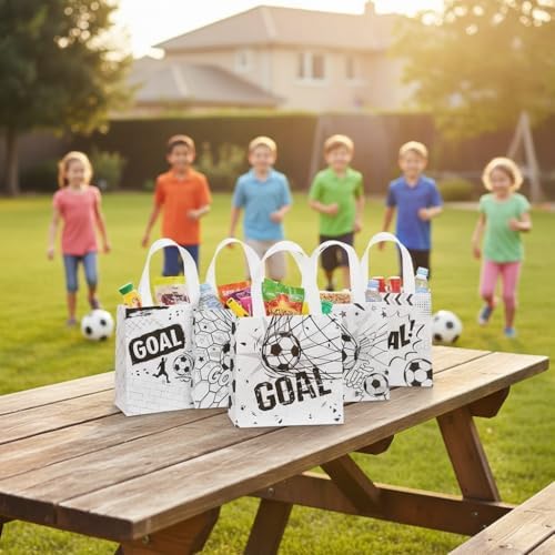 12 Pack Soccer Goodie Bags with 6 Designs | Reusable Non-Woven Party Favor Bags with Handles | Soccer Birthday Gift Bags for Kids, Sports Team Snack Bags, Themed Party Supplies for Boys & Girls (7)