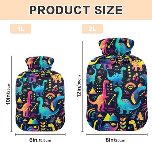 1L Large Classic Hot Water Bottle with Cover, Colorful Dinosaurs Durable Hot Water Bag for Hot and Cold Therapy, Tummy Cramps Neck and Shoulder Waist Pain Relief