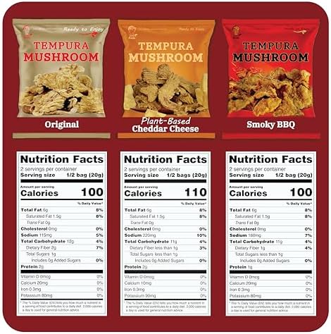 BITETUOSO Tempura Mushroom Chips, Tempura-Style Mushroom Snack, Ready-to-Eat Crispy Oyster Mushrooms, Plant-Based Crispy Snack, Original BBQ Plant-Based Cheddar Variety Pack, Individually Wrapped 1.41oz (6 Pack)