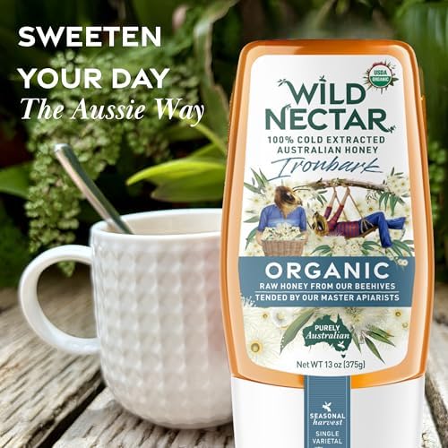 Wild Nectar Organic Honey - 100% Pure, Raw & Unfiltered Australian Honey - USDA Certified Organic - Ironbark, 13oz Squeeze Bottle