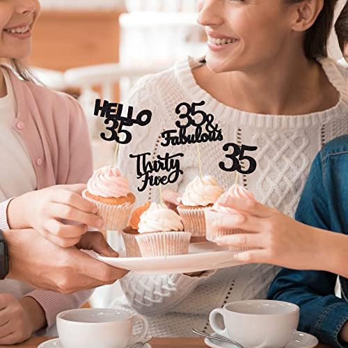 Gyufise 24Pcs Black Glitter 35th Birthday Cupcake Toppers Hello 35 Cake Toppers Thirty Five 35 & fabulous Cupcake Picks for 35th Birthday Wedding Anniversary Cake Decorations Supplies